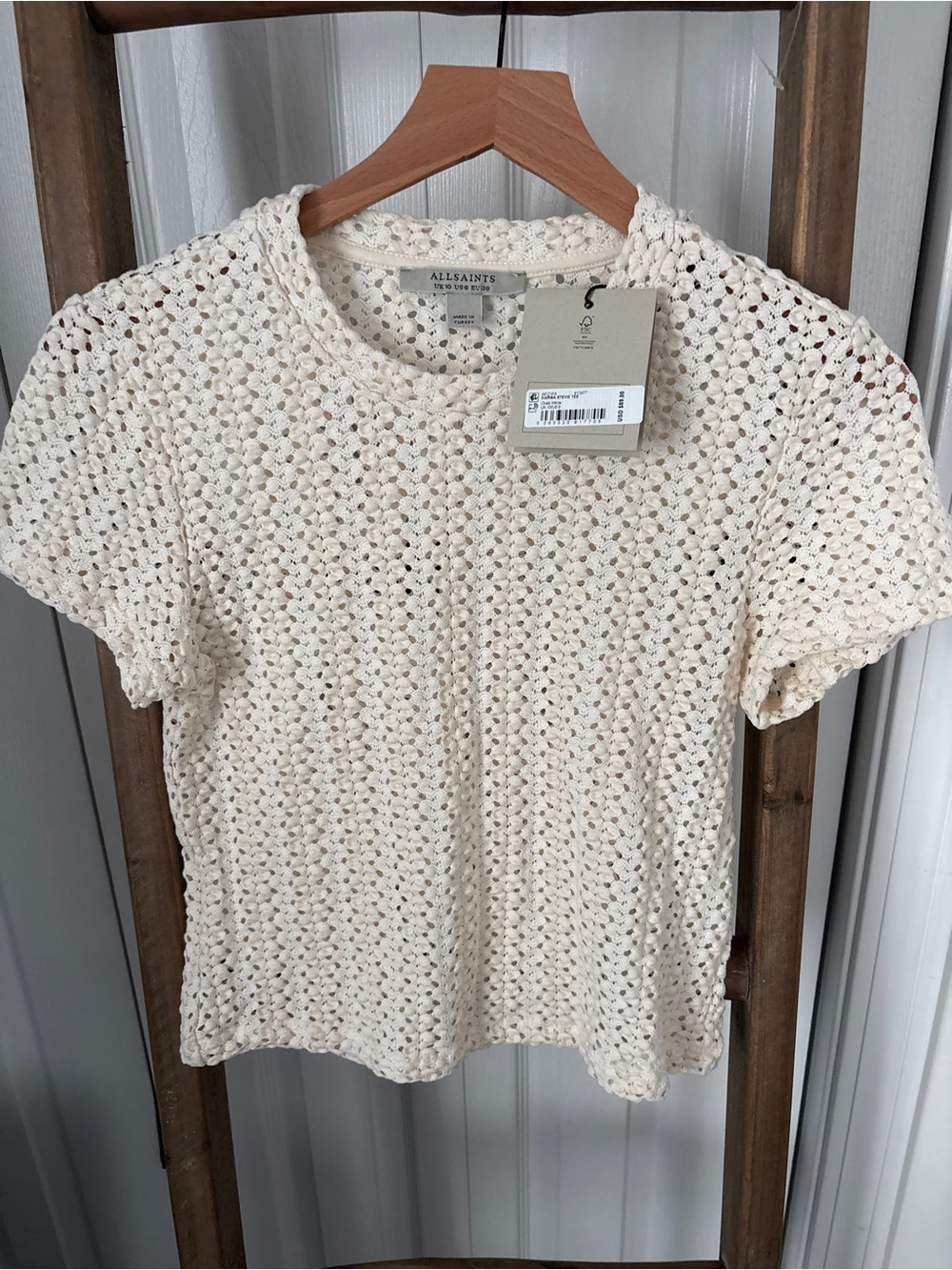 NWT AllSaints Cream Crochet Short Sleeve Tee